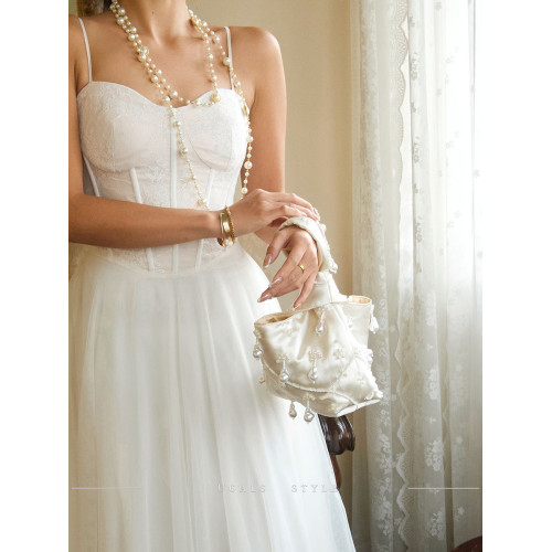 UGALS法式仙女手工珍珠刺綉宴會氣質百搭手拎包女小衆個性水桶包