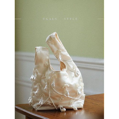 UGALS法式仙女手工珍珠刺綉宴會氣質百搭手拎包女小衆個性水桶包