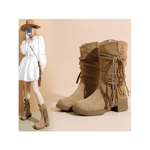 復古廢土風流蘇騎士靴女2025新款粗跟不過膝長筒靴顯瘦堆堆西部靴