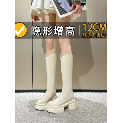 12cm內增高V口長筒靴女厚底小個子高跟不過膝長靴白色高筒騎士靴
