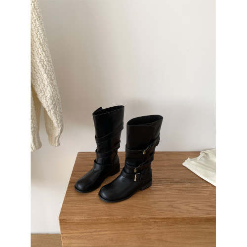 2025秋冬季新款擦色圓頭低跟皮帶釦騎士靴機車中筒靴絨面韓版女鞋 2025秋冬季新款擦色圓頭低跟皮帶釦騎士靴機車中筒靴絨面韓版女鞋