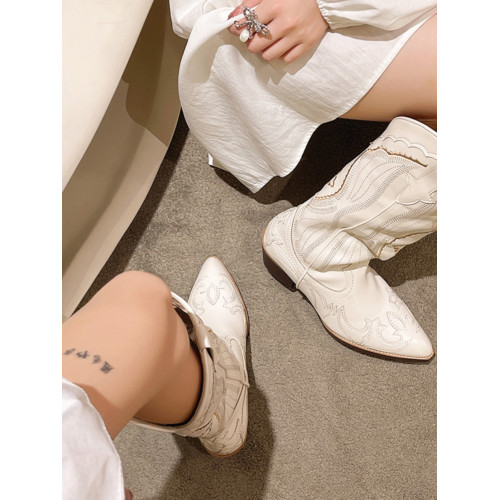 歐美V口刺綉不過膝西部牛仔靴女2024新款高跟復古白色騎士時裝靴 歐美V口刺綉不過膝西部牛仔靴女2024新款高跟復古白色騎士時裝靴