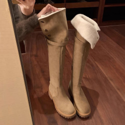 牛皮版~復古加絨真皮過膝長靴女厚底長筒靴高筒雪地靴毛毛騎士靴