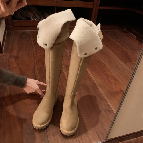 牛皮版~復古加絨真皮過膝長靴女厚底長筒靴高筒雪地靴毛毛騎士靴