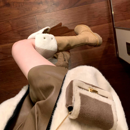 牛皮版~復古加絨真皮過膝長靴女厚底長筒靴高筒雪地靴毛毛騎士靴