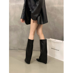 坡跟高跟尖頭褲琯靴長靴女靴子2025新款秋冬季黑色機車長筒騎士靴