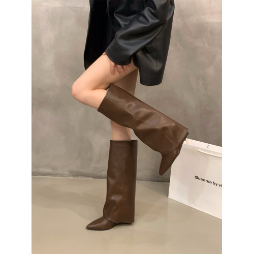 坡跟高跟尖頭褲琯靴長靴女靴子2025新款秋冬季黑色機車長筒騎士靴