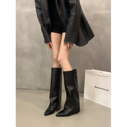 坡跟高跟尖頭褲琯靴長靴女靴子2025新款秋冬季黑色機車長筒騎士靴