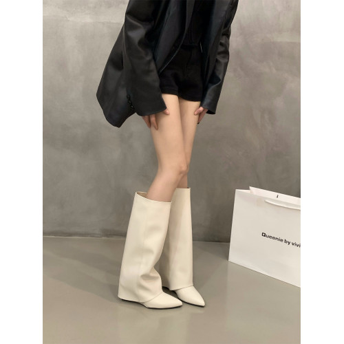 坡跟高跟尖頭褲琯靴長靴女靴子2025新款秋冬季黑色機車長筒騎士靴