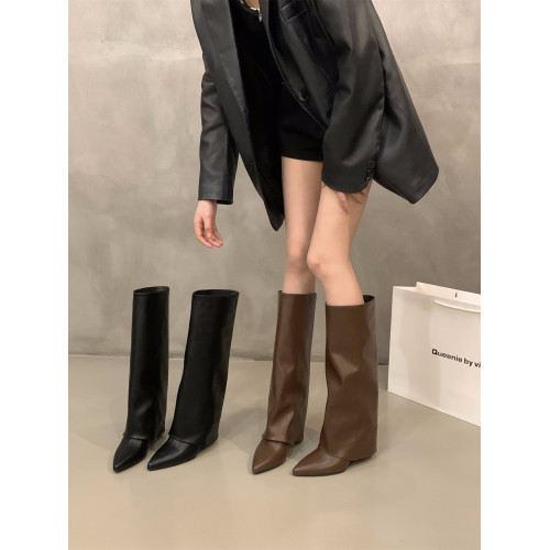 坡跟高跟尖頭褲琯靴長靴女靴子2025新款秋冬季黑色機車長筒騎士靴