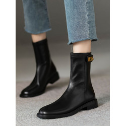 2026新款真皮百搭低跟馬丁靴女秋冬單靴瘦瘦靴英倫風圓頭中筒短靴