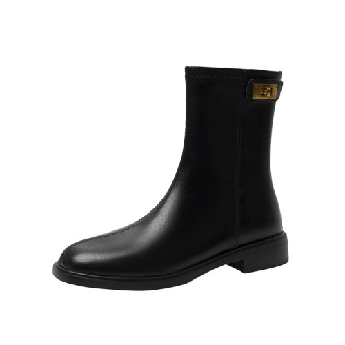 2026新款真皮百搭低跟馬丁靴女秋冬單靴瘦瘦靴英倫風圓頭中筒短靴