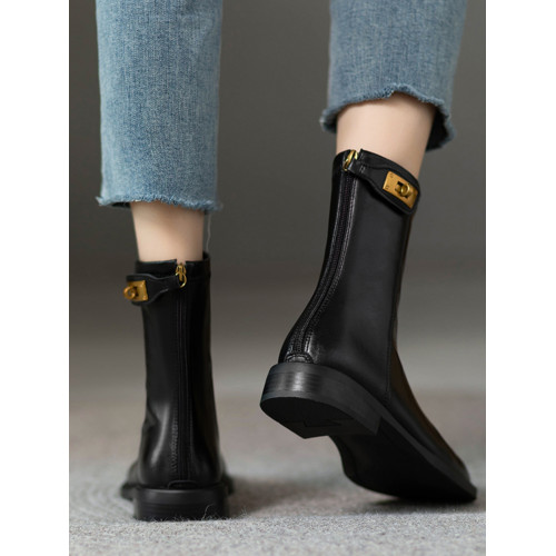 2026新款真皮百搭低跟馬丁靴女秋冬單靴瘦瘦靴英倫風圓頭中筒短靴