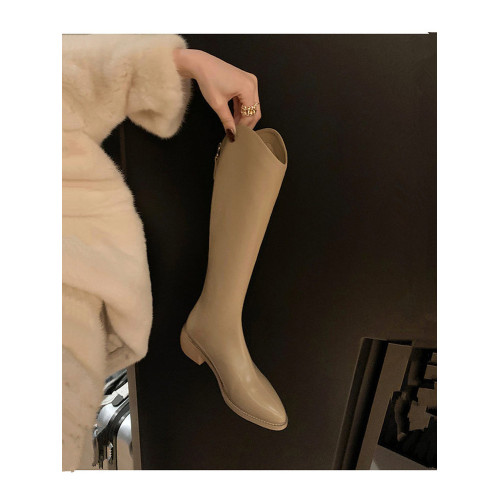 香港白色真皮v口長筒靴粗跟女春秋小個子內增高不過膝厚底騎士靴