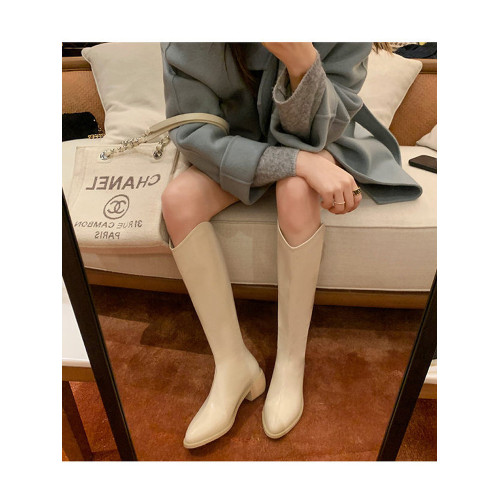 香港白色真皮v口長筒靴粗跟女春秋小個子內增高不過膝厚底騎士靴