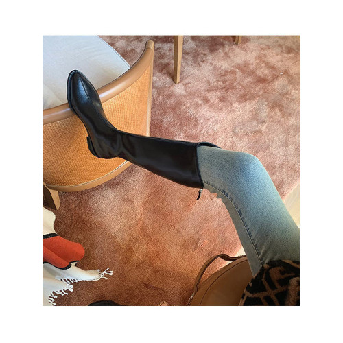 香港白色真皮v口長筒靴粗跟女春秋小個子內增高不過膝厚底騎士靴