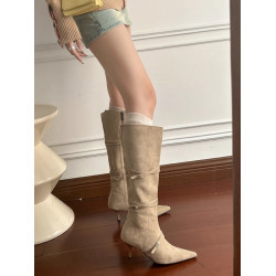 真皮版！美拉德尖頭高跟長筒靴2025新款配大衣的靴子女秋冬高級感