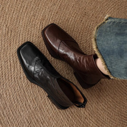 法式復古棕色羊皮粗跟瘦瘦靴女2025年春秋單靴後拉鍊中跟方頭短靴