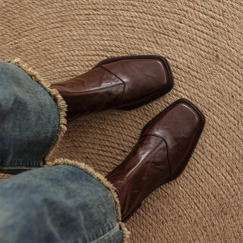 法式復古棕色羊皮粗跟瘦瘦靴女2025年春秋單靴後拉鍊中跟方頭短靴 法式復古棕色羊皮粗跟瘦瘦靴女2025年春秋單靴後拉鍊中跟方頭短靴