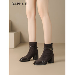 達芙妮短靴女2026新款瘦瘦靴粗跟媽媽高跟鞋女款春季春款馬丁靴子