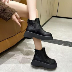 軟皮厚底短靴女2025年秋冬新款大頭松糕底復古百搭小個子女靴加絨