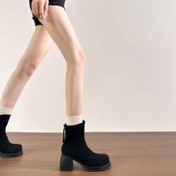 牛皮版~粗腿短靴女大筒圍加絨馬丁靴厚底高跟菸筒靴胖mm大碼靴子