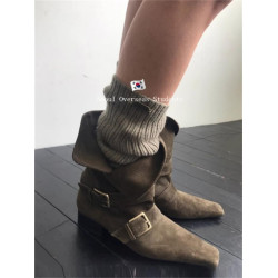 靴子女春秋棕色設計感尖頭復古西部靴個性皮帶釦街頭時尚短靴