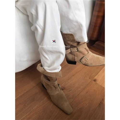 靴子女春秋棕色設計感尖頭復古西部靴個性皮帶釦街頭時尚短靴