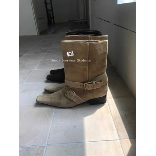 靴子女春秋棕色設計感尖頭復古西部靴個性皮帶釦街頭時尚短靴