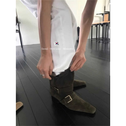 靴子女春秋棕色設計感尖頭復古西部靴個性皮帶釦街頭時尚短靴