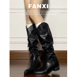 牛皮版~復古長筒西部牛仔靴女高筒堆堆靴V口粗跟騎士靴不過膝長靴