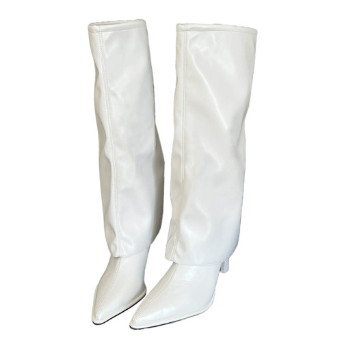 漆皮褲琯靴尖頭高筒細跟高跟長筒靴不過膝長靴子女秋冬辣妹騎士靴