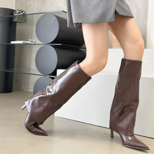漆皮褲琯靴尖頭高筒細跟高跟長筒靴不過膝長靴子女秋冬辣妹騎士靴