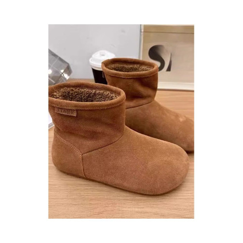 2025冬季新款磨砂真皮平底復古馬丁靴女加絨保暖醜萌大頭雪地棉靴