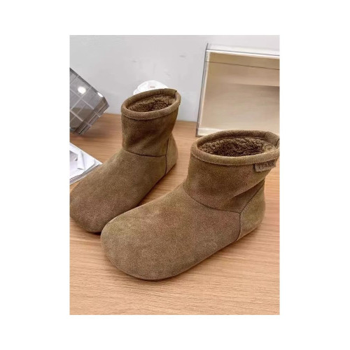 2025冬季新款磨砂真皮平底復古馬丁靴女加絨保暖醜萌大頭雪地棉靴