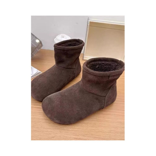 2025冬季新款磨砂真皮平底復古馬丁靴女加絨保暖醜萌大頭雪地棉靴