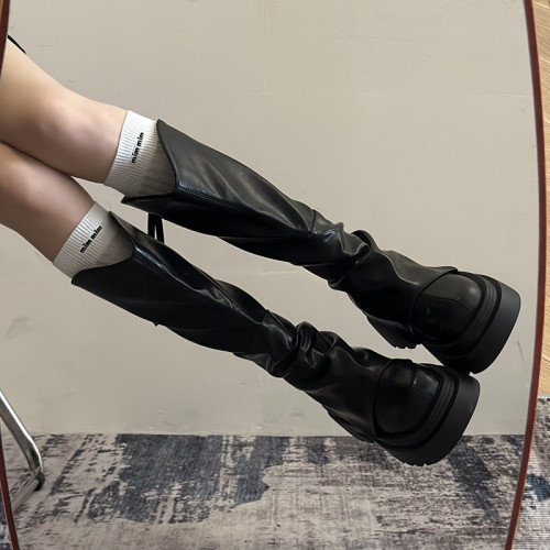 長筒靴女2026秋冬新款靴子V口高筒小筒圍粗跟爆款長靴真皮騎士靴