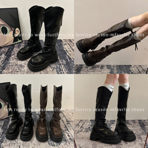 長筒靴女2026秋冬新款靴子V口高筒小筒圍粗跟爆款長靴真皮騎士靴