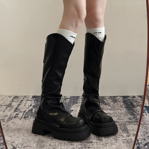 長筒靴女2026秋冬新款靴子V口高筒小筒圍粗跟爆款長靴真皮騎士靴