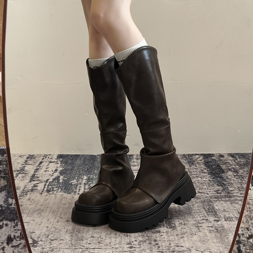 長筒靴女2026秋冬新款靴子V口高筒小筒圍粗跟爆款長靴真皮騎士靴