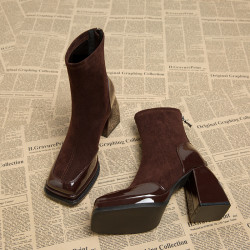 真皮超高跟鞋女秋冬款2026新款方頭粗跟小個子配裙子高級感小短靴