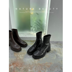 自然卷瘦瘦靴女方頭百搭氣質秋冬粗跟馬丁靴女英倫通勤切爾西短靴