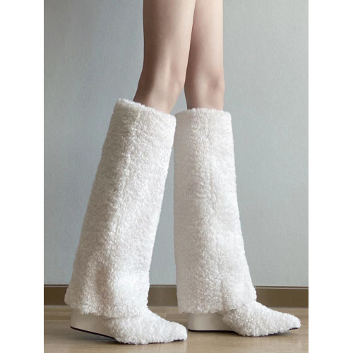 巨溫暖！辣妹尖頭羊羔毛毛高跟長靴女冬加絨高筒坡跟保暖雪地棉靴