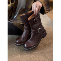 漸進支時尚復古辣妹機車靴女粗跟圓頭皮釦短靴高級感英倫風中筒靴