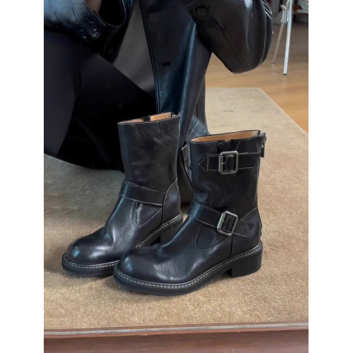 漸進支時尚復古辣妹機車靴女粗跟圓頭皮釦短靴高級感英倫風中筒靴 漸進支時尚復古辣妹機車靴女粗跟圓頭皮釦短靴高級感英倫風中筒靴