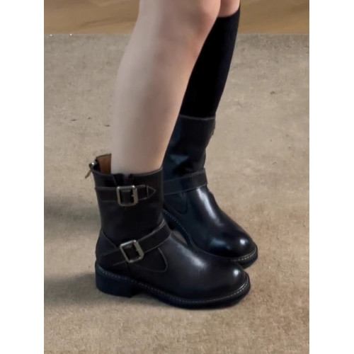 漸進支時尚復古辣妹機車靴女粗跟圓頭皮釦短靴高級感英倫風中筒靴 漸進支時尚復古辣妹機車靴女粗跟圓頭皮釦短靴高級感英倫風中筒靴