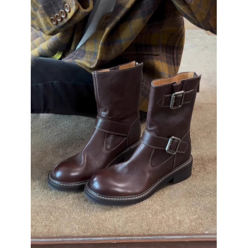 漸進支時尚復古辣妹機車靴女粗跟圓頭皮釦短靴高級感英倫風中筒靴 漸進支時尚復古辣妹機車靴女粗跟圓頭皮釦短靴高級感英倫風中筒靴