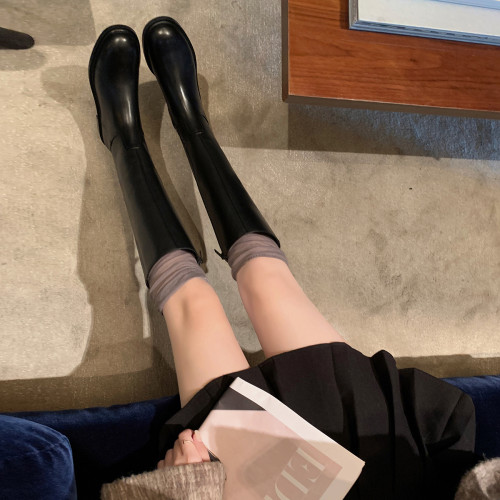 長靴女秋冬2025年新款低跟側拉鍊加絨騎士靴長筒靴真皮高筒機車靴