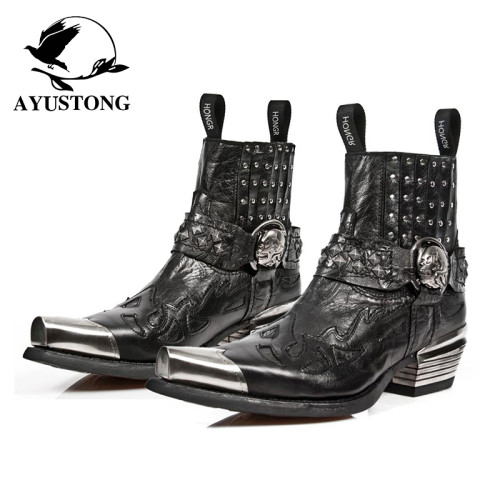 尖頭切爾西靴女2025春季新款真皮復古金屬頭西牛仔靴男女增高短靴