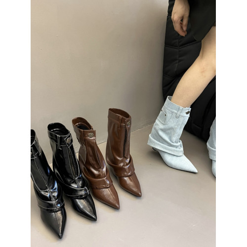 2026新款秋季靴子女時尚氣質歐美風高級感拉鍊尖頭褲筒高跟短靴女